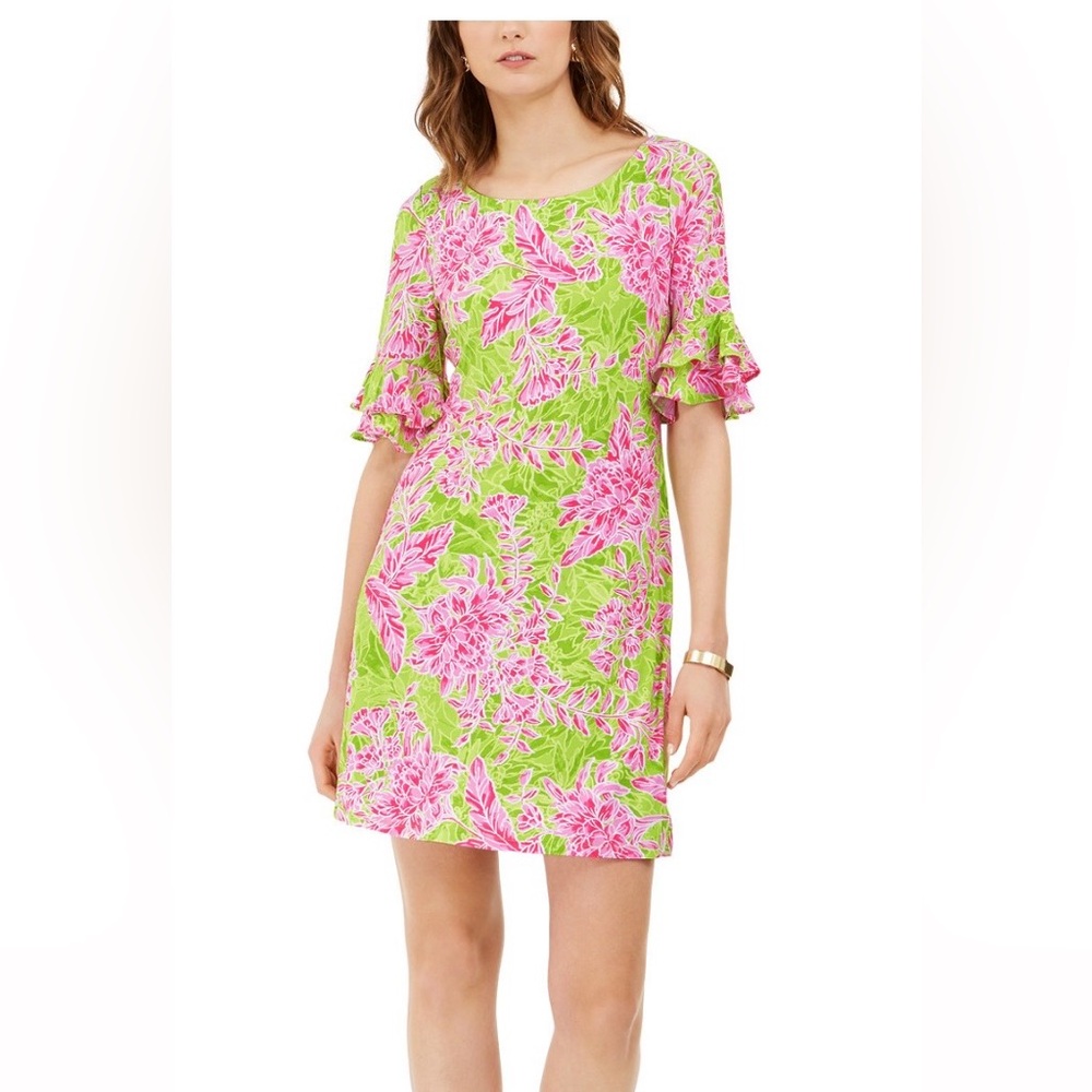 Women’s Floral Tropical Palm Leaft Shift Dress tiered Ruffle flutter Sleeve L